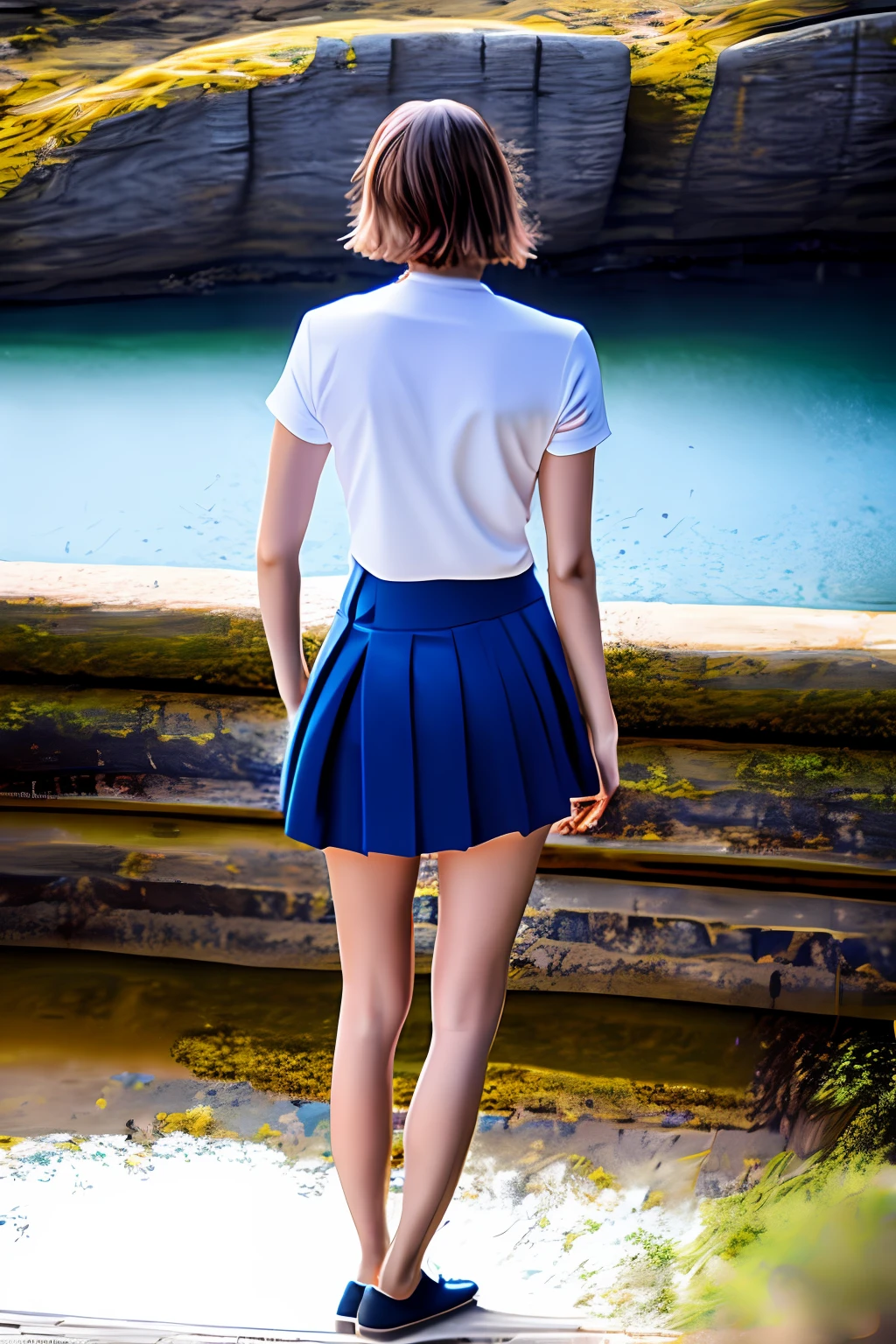 Top quality masterpiece (in the style of Diego Gisbert Llorenz:1.2), (realistic), beautiful young girl 19 years old, from behind and looking at the viewer, (short hair: 1.2), (blue eyes: 1.2), brown hair, necklace (lifts up a white skirt and shows a raised ass), perfect body, medium chest, slightly thin skin, slit between the hips mi, white underwear, (front view:), (realistic): 1.2), (face with freckles: 0.1), (young skin: 1.1), (without bra: 1.4), visible through the shirt: 1.5), soft lighting, sharp focus, (realistic: 1.2), ( beautiful: 1.2)), (soft lighting: 1.1), (sharp focus: 1.1), (in front of the lake on the shore: 1.3), (pool: 1.1), (pool sofa: 1.1), (sky light: 1.3), (casts a shadow: 1.2), (tears on the chest: 0.7), (show half the chest: 1.3), (short white boot: 1.2), (looking at the viewer tel.: 1.2), (hugs: 1.2)