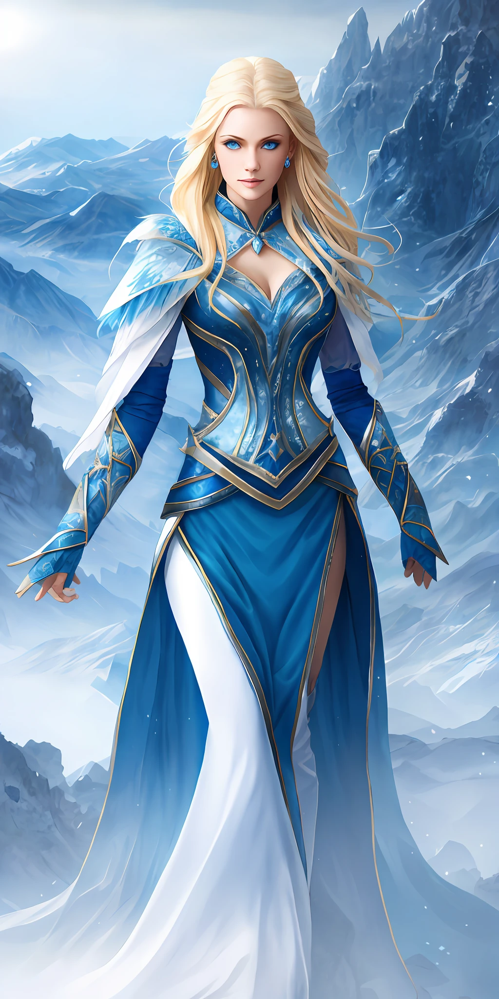 A gorgeous, blonde, blue eyed Ice sorceress. Wearing a torn, scarce, blue sorceress robe. Amazingly hills in the background. Ultra realistic fantasy art, high details. Full body image.