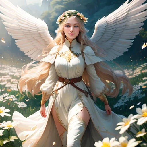 Perfectly aligned photograph of a real divine ((angel)) with wings, long golden hair, white, green eyes, kind, cheerful, smiling, in a light summer white dress with a golden belt, behind her back two large white wings, (((behind her two wings))) stands in a flowering field, there are a lot of red flowers around, (((full-length))), d&d, magical, dreamy, particle effects, ((stunning environment)), wide angle, ((detailed environment) ), detailed background, realistic, ((very detailed)), ((complex)), detailed face, professional digital painting, artstation, concept art, pastel colors, ((((professional color grading)))), photorealism, 8k , crisp lighting, trending on tumblr, art by artgerm and Greg Rutkowski, Alphonse Mucha, Loish and WLOP