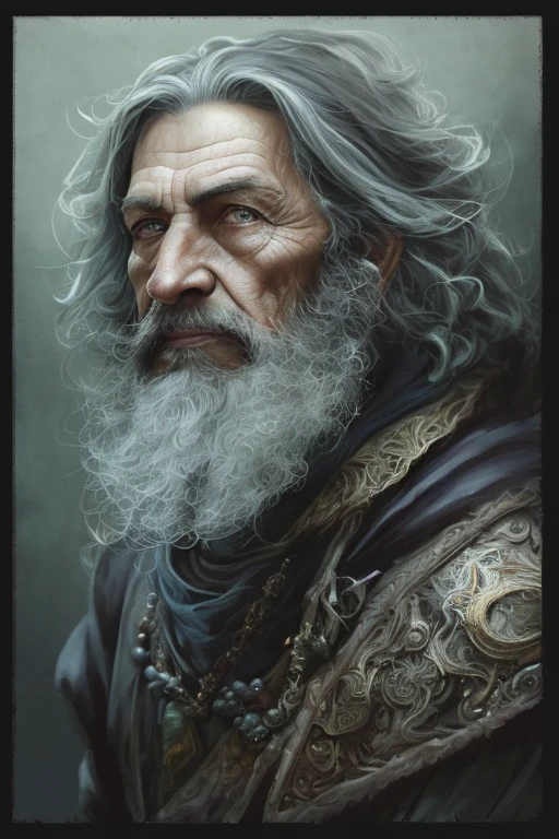 High Angle detailed ((very old male Arabian sorcerer, dark skin, sharp features, faint smile, wrinkled, weathered, with a long black beard, wearing a black and red and gold robe, wearing a yellow cap)), Continued, HD, (oil painting:1.1), (comic book art style:1.5), (inked outline:1.3), Stunning, Character, Portrait, (((Looking Sideways))), angular features, (dark black Graduated Bob Hair), (muted natural colors:1.3), in painterly style by Jean Baptiste Monge