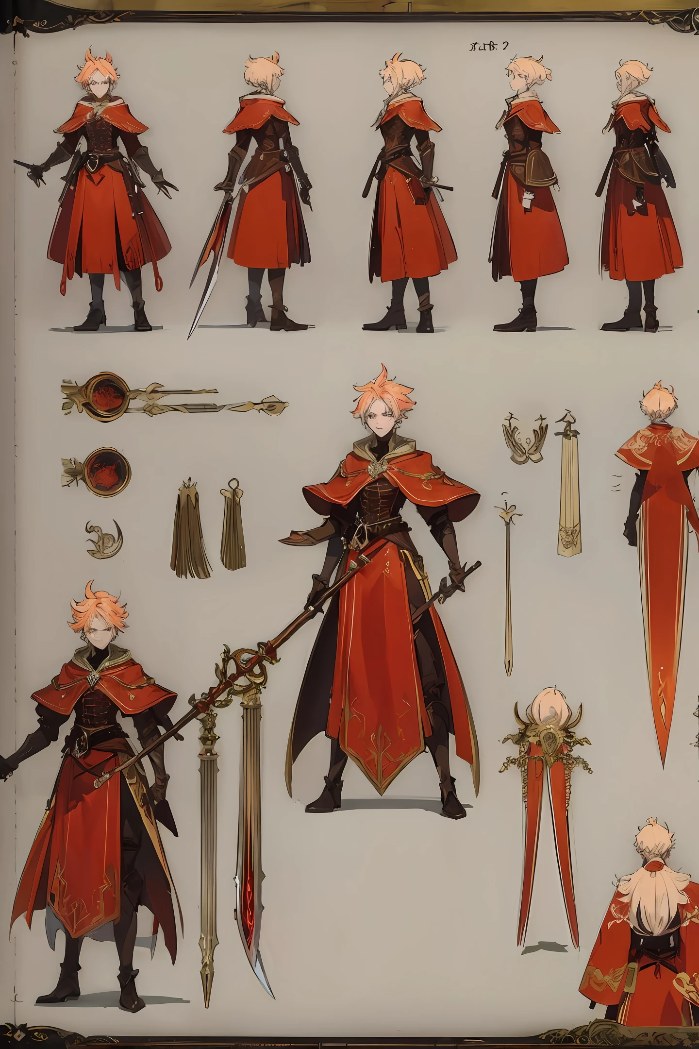 Weapon design tables, concept art, (flame Staff Weapon), flame decoration, ((film)), (subtle lighting), (perfect shadows), (gorgeous), (perfect proportions), (intricate details)