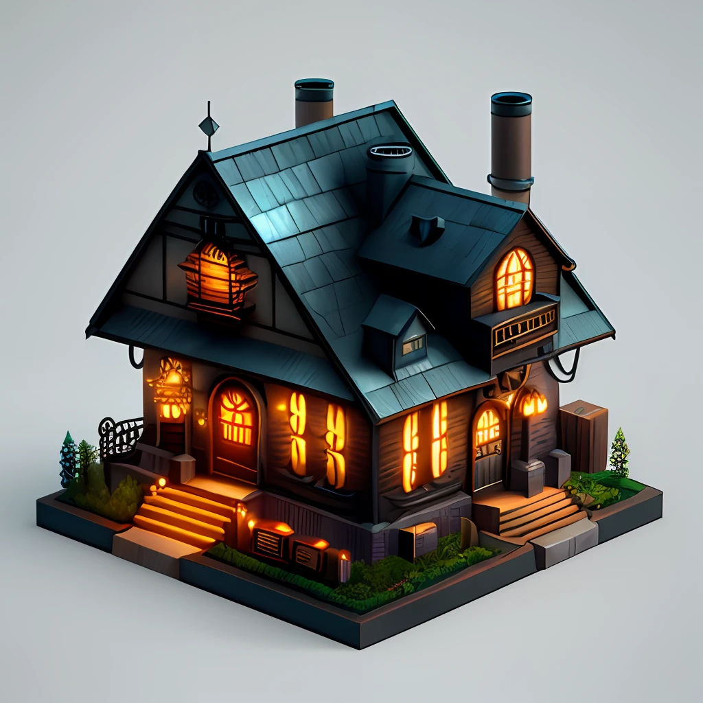 isometric house, steampunk, retro, mechanized, victorian, copper, dark, coal, industrial, romantic, futuristic,octane render,ray tracing,ultra detailed