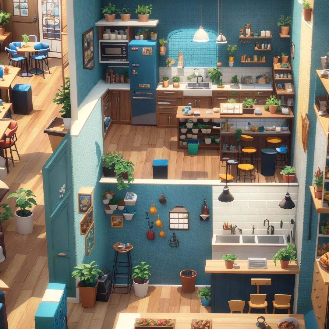 Game screen, isometric game art, stylized game art, isometric 3d render, isometric 2d game art, 8k ultra high quality, fantasy bakery interior view, dinner background set, restaurant scene, table area and bar, break Areas, wine racks, vases, fine details expressed.