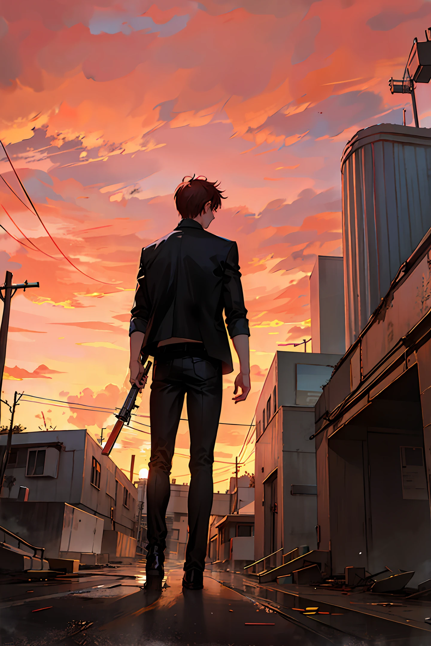 Sunset, red sky, heavy rain, a young man with a weapon looking at the sky, black clothes, a dilapidated and desolate city