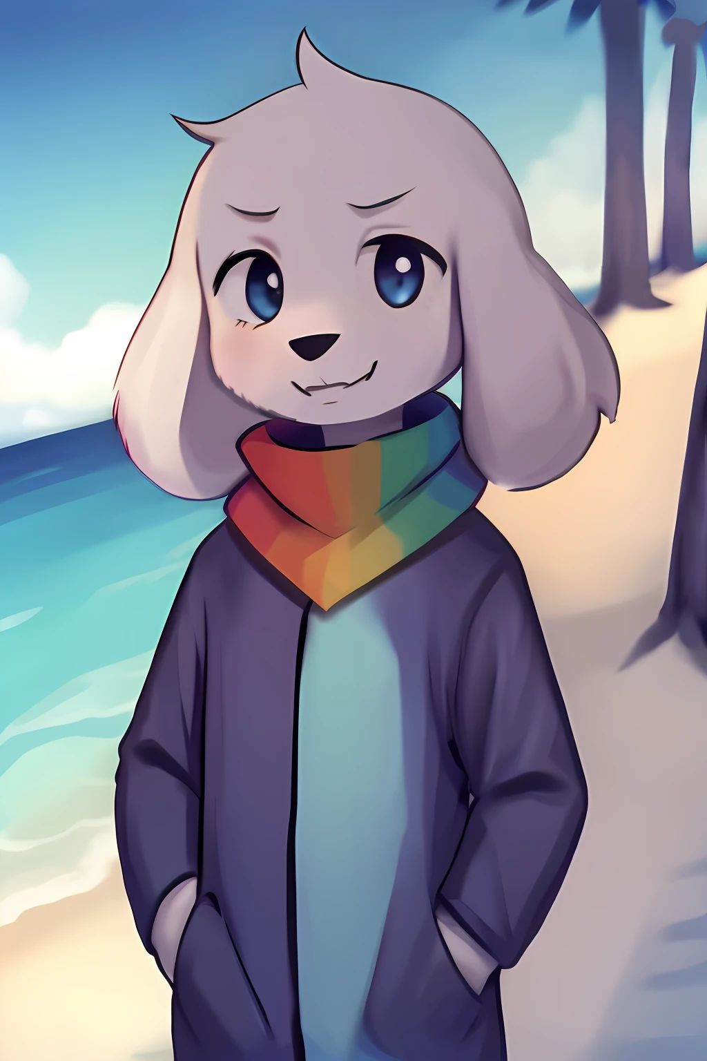 solo, 1boy, summer, water, beach, scarf, anthro, raincoat, mad