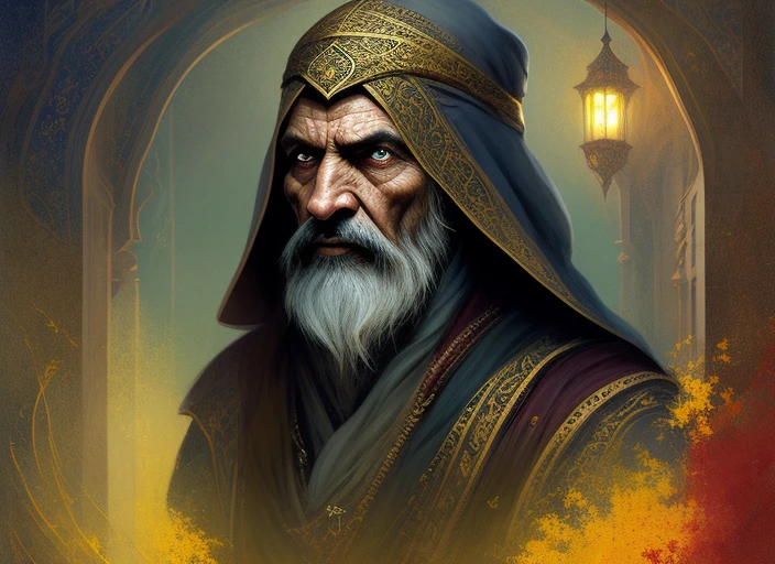 [A very old male Arabian sorcerer, dark skin, angular features, faint smile, wrinkled, weathered, with a long black beard, with dark black Graduated Bob Hair, wearing a black and red and gold robe, wearing a yellow cap, portrait, HD, (oil painting:1.1), (comic book art style:1.5), (inked outline:1.3), fantasy illustration, character concept design, detailed clothing, sharp focus, dramatic, expansive], Alhambra, archway, small room, intricate, elegant, highly detailed, Arabian nights, (muted natural colors:1.3), in painterly style by Jean Baptiste Monge