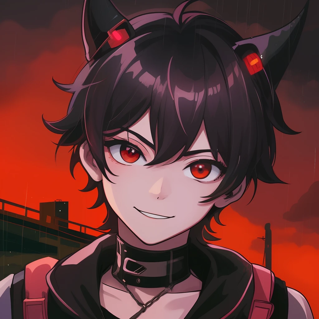 (masterpiece, beautiful, highres), illustration, 1boy, solo, (((cartoon style: 1))), (western cartoon), demon boy with horns, portrait, smiling, black anime medium-short length hair, cute, pink lips, red eyes, young adult, cyberpunk streetwear, rainy sky, cityscape, red hue skin, looking at viewer, bright colors, daytime, ((front facing: 3)), closed mouth, thick lineart: 0.6, red eye, green eye, smug