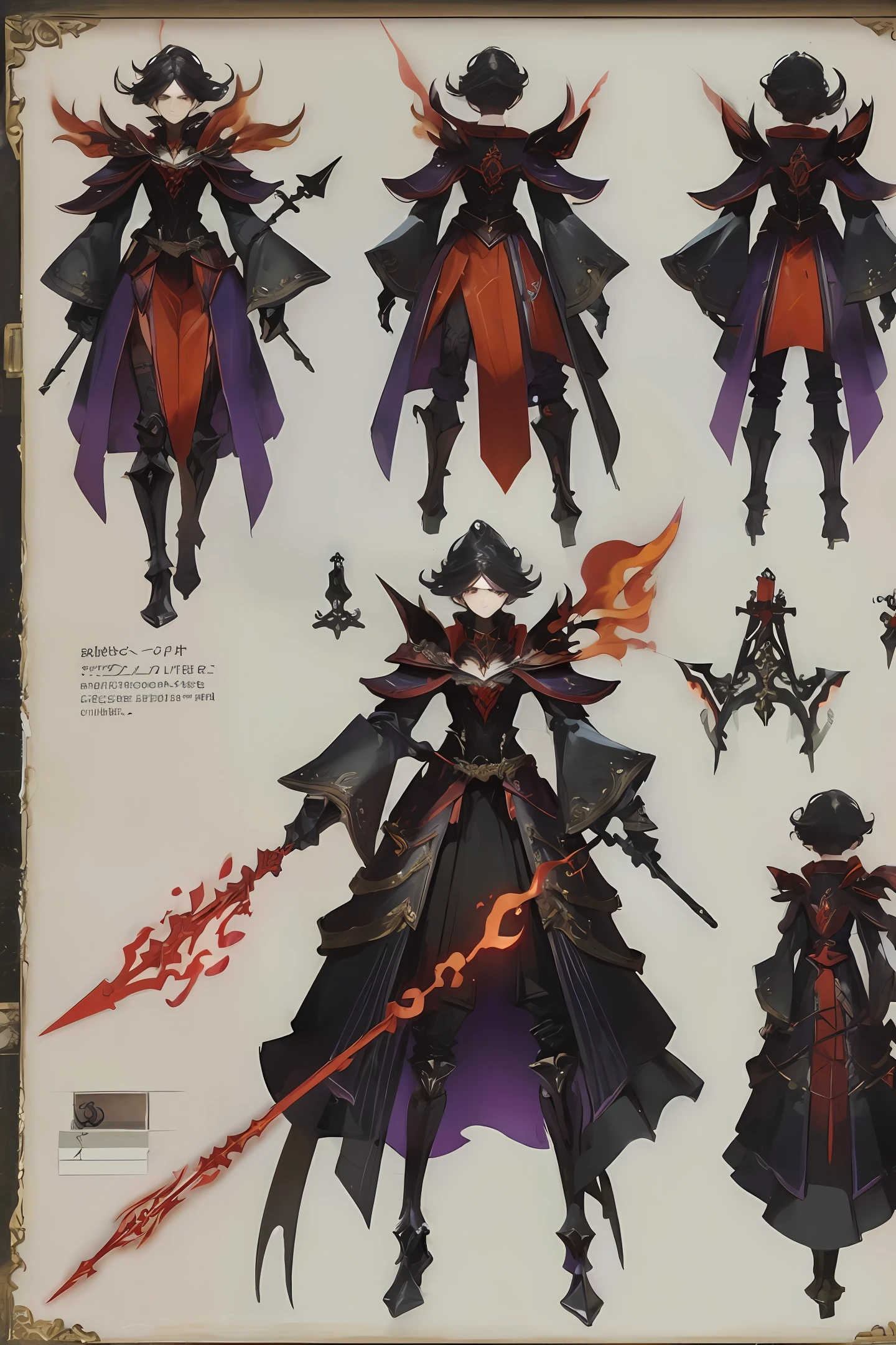 Weapon design tables, concept art, (flame Staff Weapon), flame decoration, ((film)), (subtle lighting), (perfect shadows), (gorgeous), (perfect proportions), (intricate details)