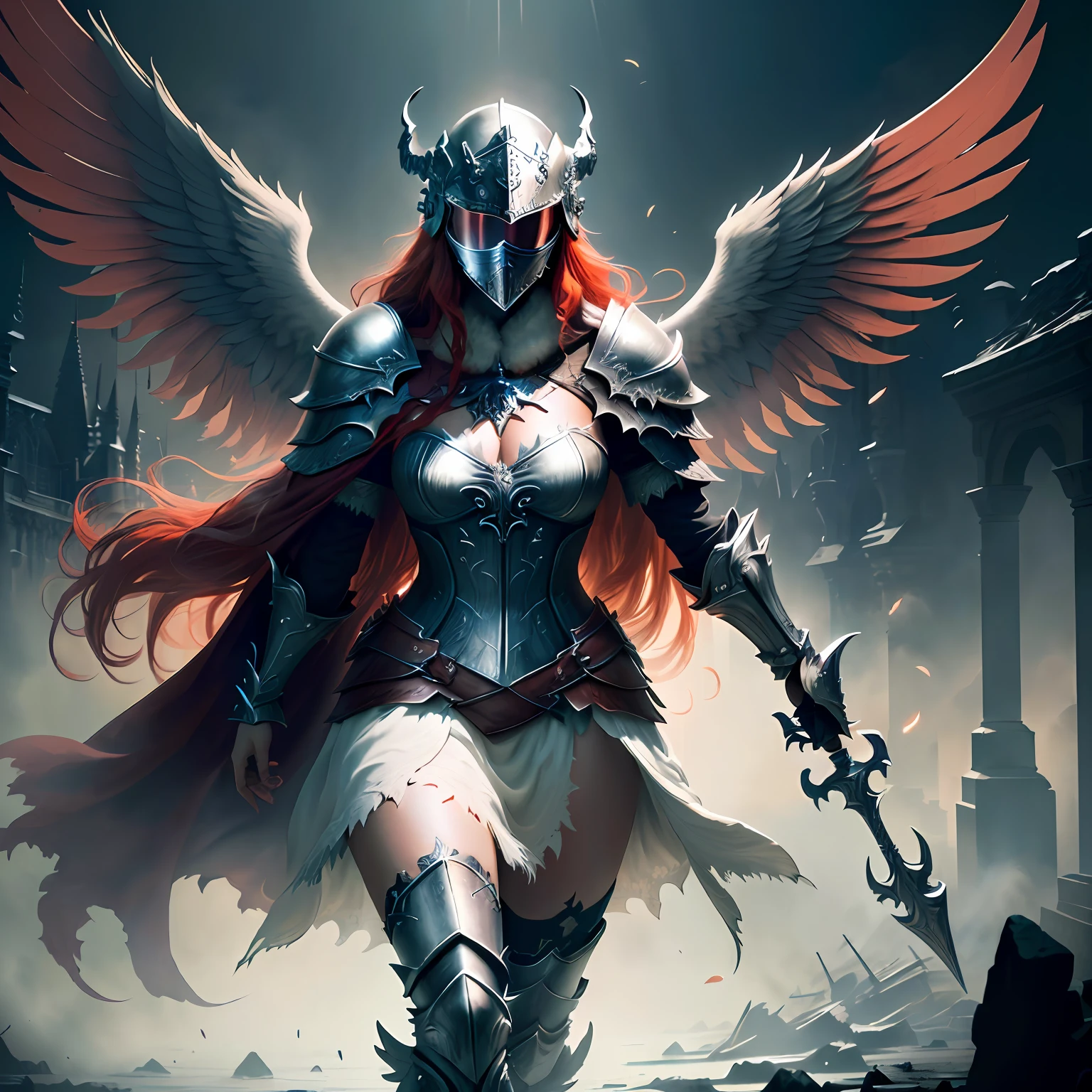 (soulsborne), game art, Norse mythology, female warrior with big wings floating in the air, (helmet covering face), pretty face, long red hair (detailed skin texture: 1.2), messy hair, huge red Cape, Full Body, Background is Valhalla, Masterpiece, Best Quality, (Very Detailed CG Unity 8k Wallpaper), (Best Quality), (Best Illustration), (Best Shadows), Cinematic Particles, Depth of Field