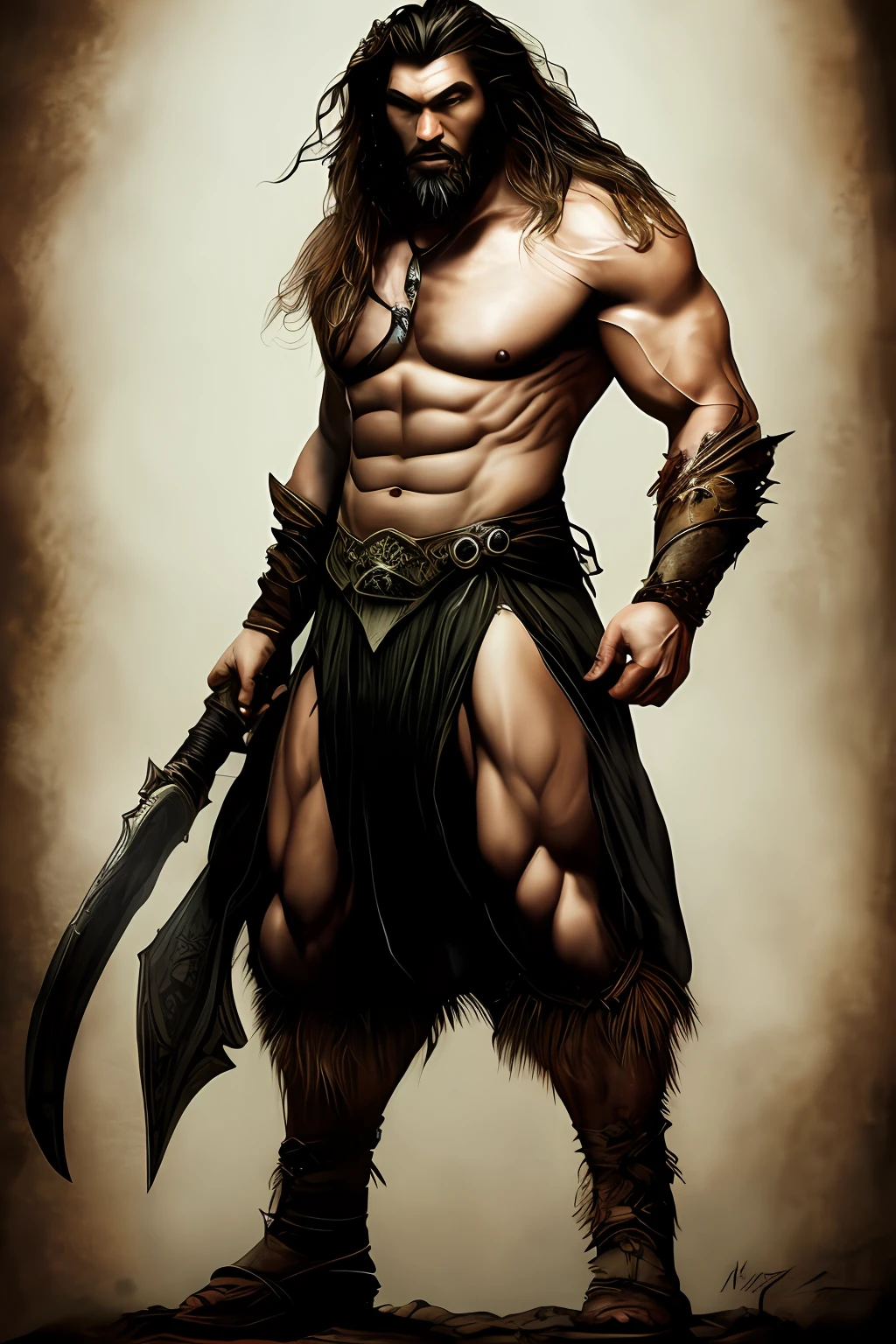 . a drawing of a man with a beard and a long tail, jason momoa as assyrian, inspired by Rajmund Kanelba, male barbarian, jason momoa as conan, picture of an adult male warrior, berserker potrait, muscular character, technoviking male with no shirt, by László Balogh, male warrior, inspired by Li Kan.
2. a drawing of a man with a beard and a long tail, concept art inspired by Rajmund Kanelba, Artstation contest winner, fantasy art, jason momoa as assyrian, male barbarian, jason momoa as conan, picture of an adult male warrior, berserker potrait, technoviking male with no shirt, muscular character, male warrior, jason momoa.