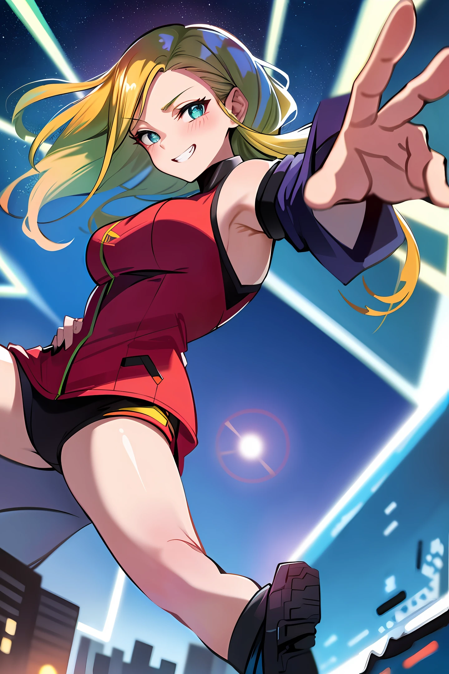 masterpiece, best quality, (1girl), solo, dynamic angle, dynamic pose, colorful, perfect face, perfect hands, superhero landing, buildings, night view, lens flare, effects, magical effects, best ratio five finger and one thumb