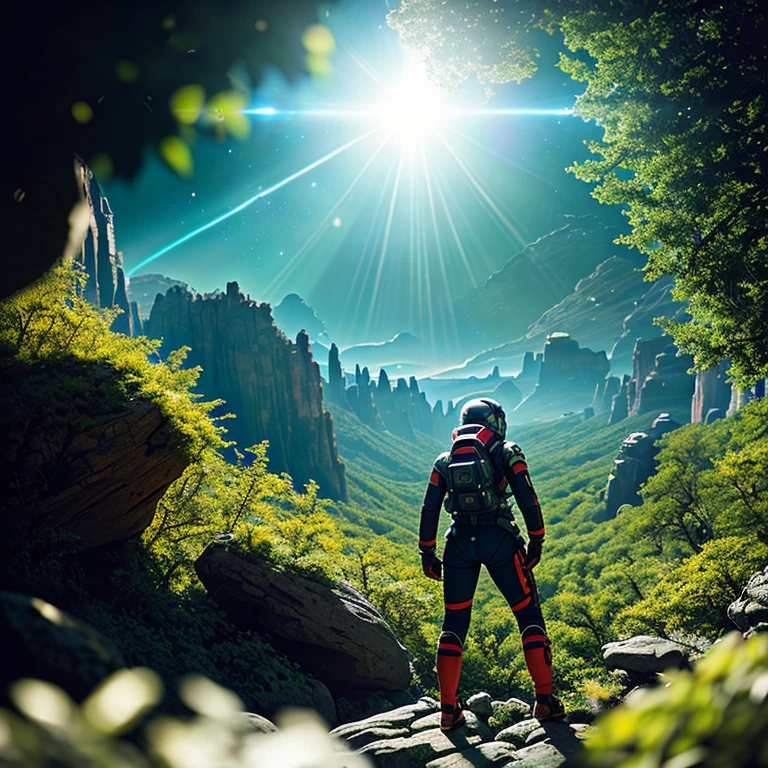Highly detailed RAW color Photo, Rear Angle, Full Body, of (female space soldier, wearing a tight black and red space suit, accentuated booty), outdoors, (sensually leaning over rocky ledge, looking at advanced another female alien), toned body, big butt, (sci-fi), (mountains:1.1), (lush green vegetation), (two moons in sky:0.8), (highly detailed, hyperdetailed, intricate), (lens flare:0.7), (bloom:0.7), particle effects, raytracing, cinematic lighting, shallow depth of field, photographed on a Sony a9 II, 24mm wide angle lens, sharp focus, cinematic film still from Gravity 2013