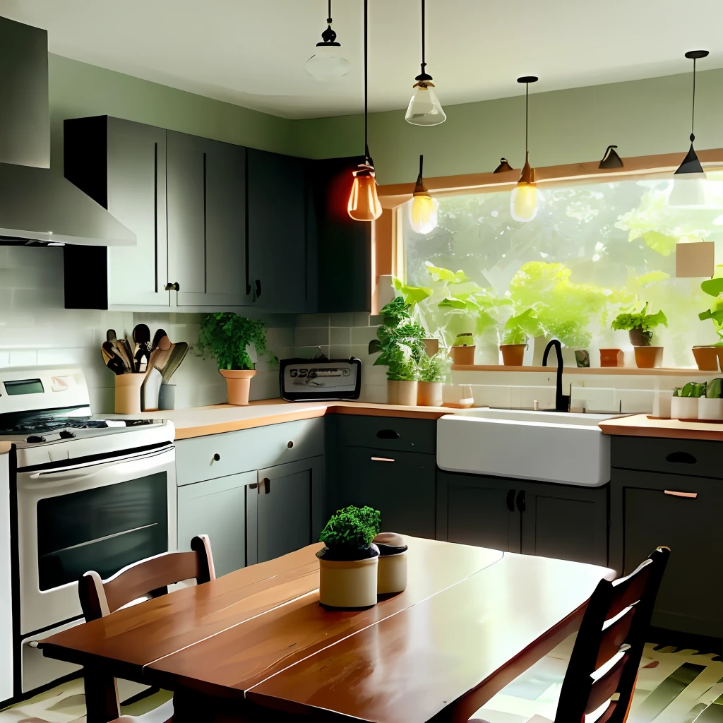 (American decoration, kitchen), (bright, warm), (with red or black kitchen utensils, wooden furniture, fancy floor tiles or stone floor), (a cute small coffee table or dining table, chopping board, bottles and cans , refreshing green plants and lighting design), (there is also a world of its own in the kitchen), the light of the faucet is sprinkled in the greenery full of vitality.