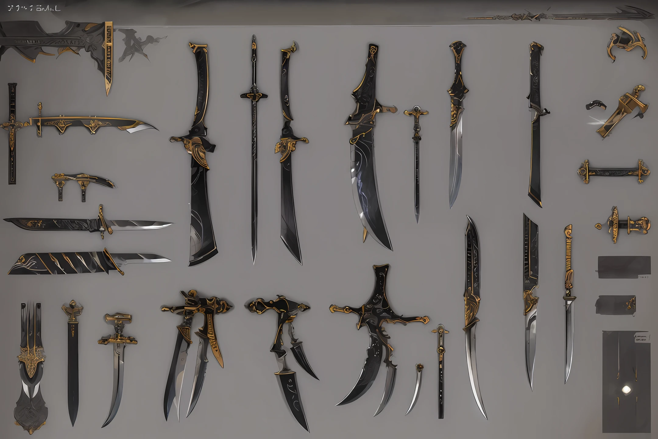 Weapon design tables, concept art, ((Long knives Weapon)), thunder decoration, ((film)), (subtle lighting), (perfect shadows), (gorgeous), (perfect proportions), (intricate details)