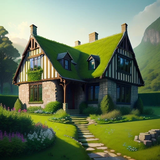 House on the hill, green garden, ivy, lawn, stone wall, trunk, slate roof, wooden bench, rock, country style, homestay, glass windows, realistic render