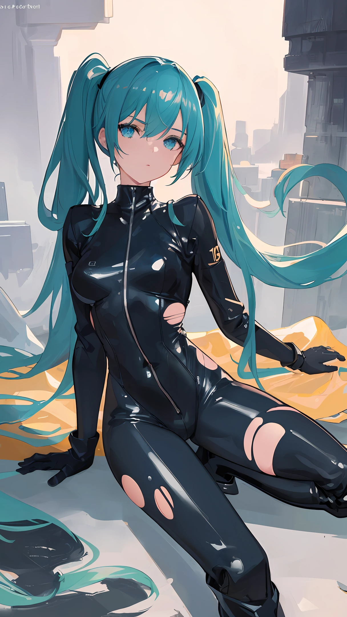 8k, 8k wallpaper, (an extremely delicate and beautiful:1.1), (beautiful detailed eyes:1.3), (best illustration:1.1), (best quality:1.3), (best shadow:1.1), (cinematic lighting:1.2), detailed eyes, (detailed_light:1.1), (dreamy:1.1), (extremely detailed CG unity 8k wallpaper:1.1), highres, (masterpiece:1.3), official_art, ray tracing, (stylized:1.3), trending on artstation, (ultra_detailed:1.2)
//STYLE
//POSE & COMPOSITION
1girl, dutch_angle, dynamic_pose, expressionless, full_boddy, lips_apart, (hand_between_legs:1.2), legs_apart, naughty_face, solo, (from_below:1.2), straddling
aqua_eyes, aqua_hair, aqua_twintails, (asymmetrical_bodysuit:1.2), black_bodysuit, black_gloves, breasts_apart, crop_top, crop_top_overhang, cropped_jacket, gloves, green_gloves, green_trim, Hatsune_Miku, high_heels, leather_gloves, long_hair, long_legs, long_sleeves, (messy_hair:1.2), navel, (open_bodysuit:1.2), pubic_tattoo, race_queen, shiny_hair, (single_leg_bodysuit:1.3), (single_thigh_boot:1.3), single_thighigh, thigh_belt, (thigh_cutout:1.3), (torn_bodysuit:1.3), two-tone_bodysuit, two-tone_gloves, very_long_hair, wedge_heels, white_jacket
//BACKGROUND
simple_background
//TI, HYPERNETWORK, LORA
