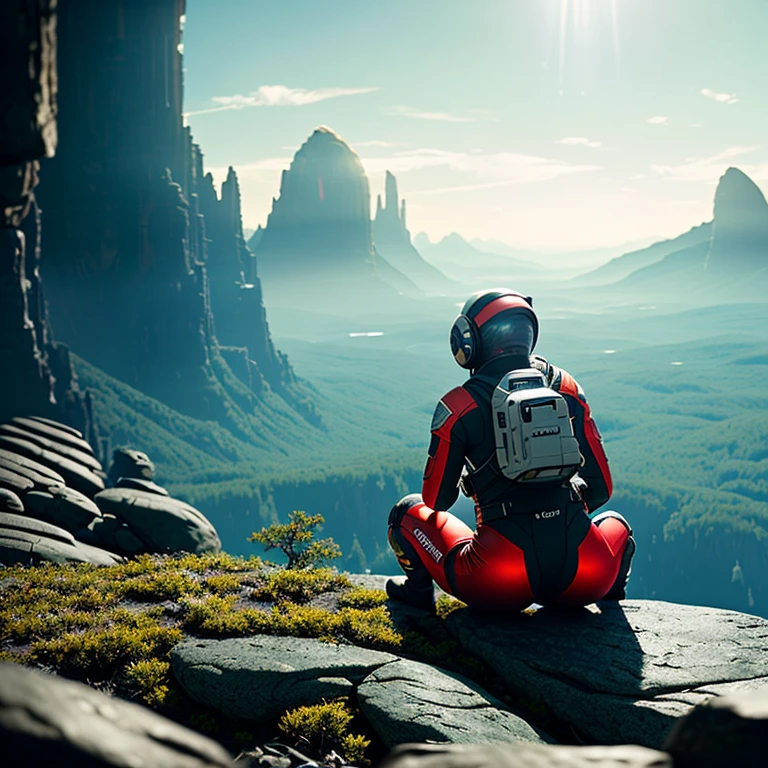 Highly detailed RAW color Photo, close up Rear Angle, Full Body, of (female space soldier, wearing a tight black and red space suit, accentuated booty), outdoors, (sensually leaning over rocky ledge, looking at advanced another female alien), toned body, big butt, (sci-fi), (mountains:1.1), (lush green vegetation), (two moons in sky:0.8), (highly detailed, hyperdetailed, intricate), (lens flare:0.7), (bloom:0.7), particle effects, raytracing, cinematic lighting, shallow depth of field, photographed on a Sony a9 II, 24mm wide angle lens, sharp focus, cinematic film still from Gravity 2013
