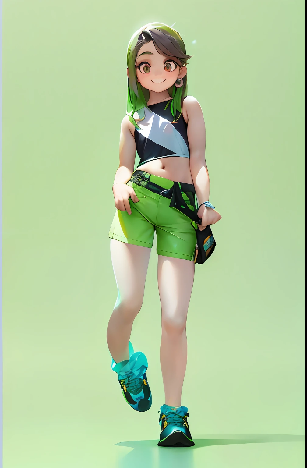 Young girl, chibi, 1girl, lHead to body ratio 1:6.5, cbzbb, character, cute, small, pretty, Devian Art, Trending Artstation, digital art, detail, cute, realistic, character, Tiny, Cinematic Lights, smile , crop top, bare arms, (shoulder: 1.9), long hair, Kpop idol, short sleeve T-shirt, (miniskirt: 1.7), colorful, full body, wearing sneakers, beautiful eyes, sparkling, pretty Face, (color laser transparent PVC material), interference film, full body, beautiful eyes, beautiful eyes, accessories, character concept design, green background, masterpiece, high quality, high resolution {beautiful detail eyes: 1.4}, ( super fine detail), (very detailed, beautiful: 1.2), (delicately beautiful, cute face: 1.3), glowing eyes