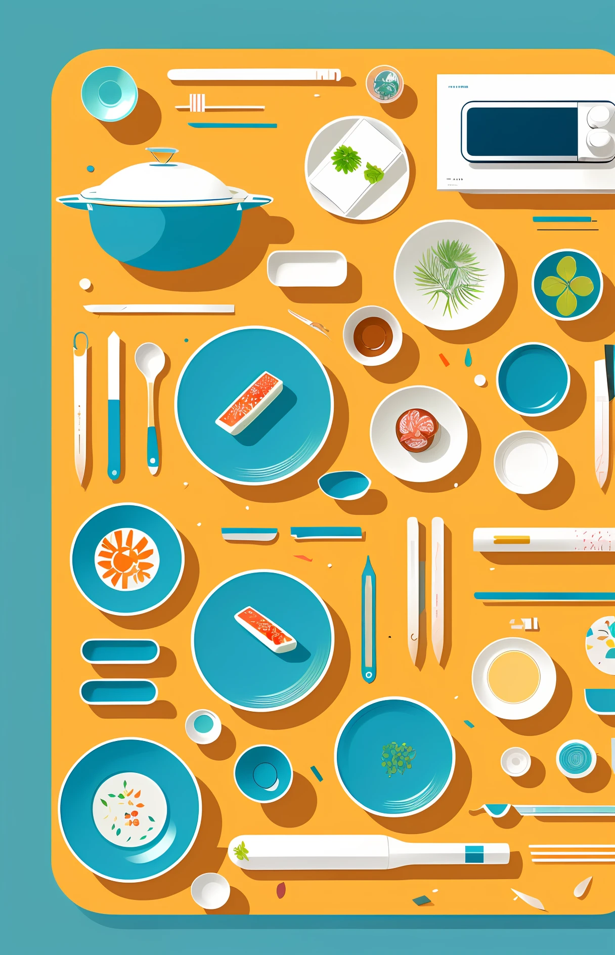 1. there are many different items that are on the table, by Yuko Tatsushima, 2. 5 d illustration, flat illustration, 2d illustration, 2 d illustration, miscellaneous objects, digital illustration, by Maeda Masao, cooking, courful illustration, by Nishida Shun'ei, illustration!, simple illustration, accurate illustration, daily life.