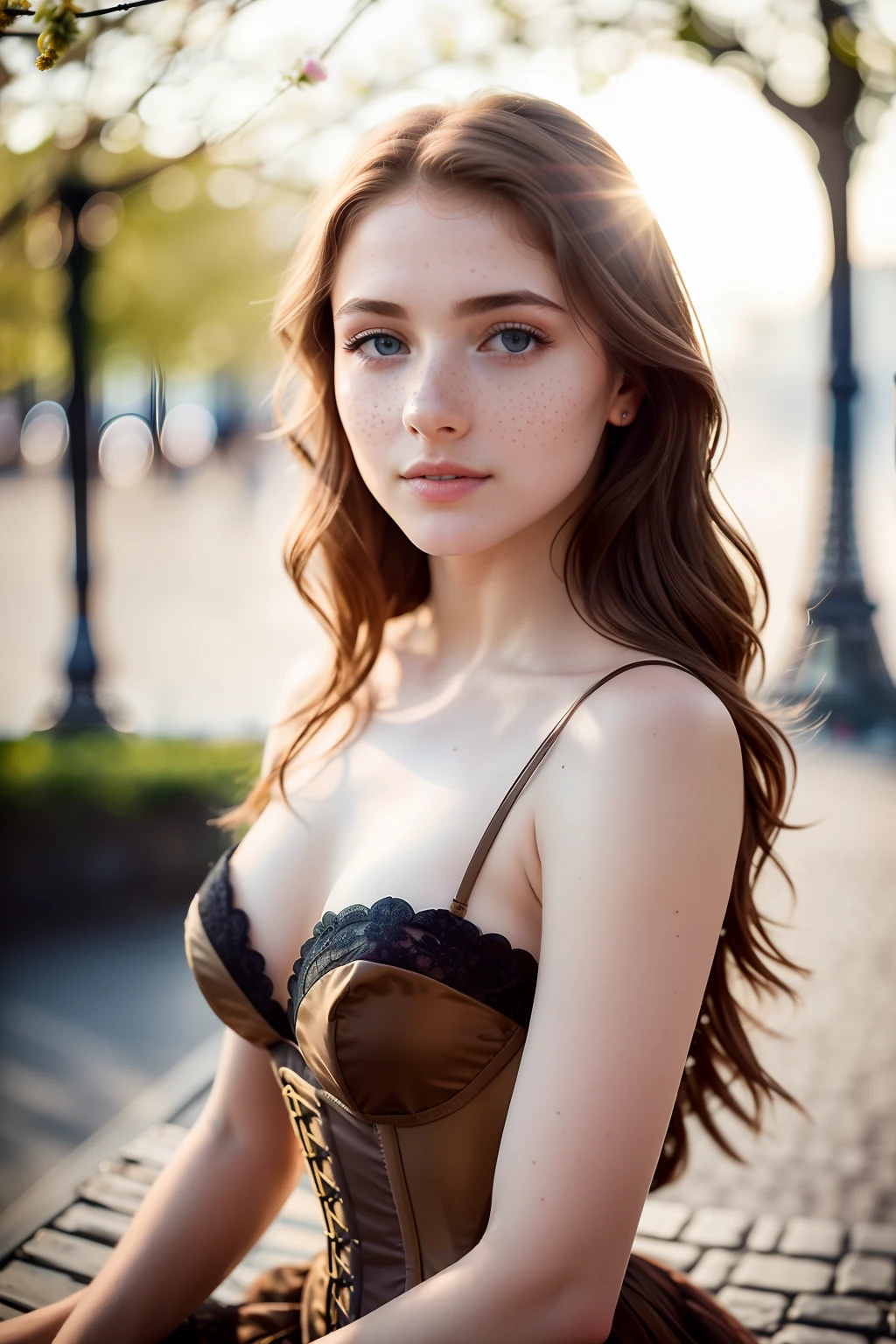 RAW, Analog, Nikon Z 85mm, Award Winning Glamor Photo, ((Best Quality)), ((Masterpiece)), ((Realistic)), 18th Century, Vintage Image, Gorgeous Dressed French Girl, See Through Lace Dress and Corset Yi, 18 years old, (long brown hair), hazel eyes, perky small breasts, sitting outside a Parisian cafe with the [Eiffel Tower] in the background, petite, ((small breasts)), innocent , petals in the air, ((freckles)), intricate detail, very detailed, sharp focus, digital render, professional, 4k, artstation, artgerm, spring blossoms, divine light, hand model, attractive blue eyes, petite, exquisite, innocent, high resolution, detailed facial features, high detail, sharp focus, smooth, aesthetic, very detailed, photo_\(ultra\), realistic, realistic, postprocessing, maximum detail, roughness, real life, hyper realistic, photorealistic, photography, 8k uhd, photography, SEMI-SILHOUETTE light, russian face, octane rendering,