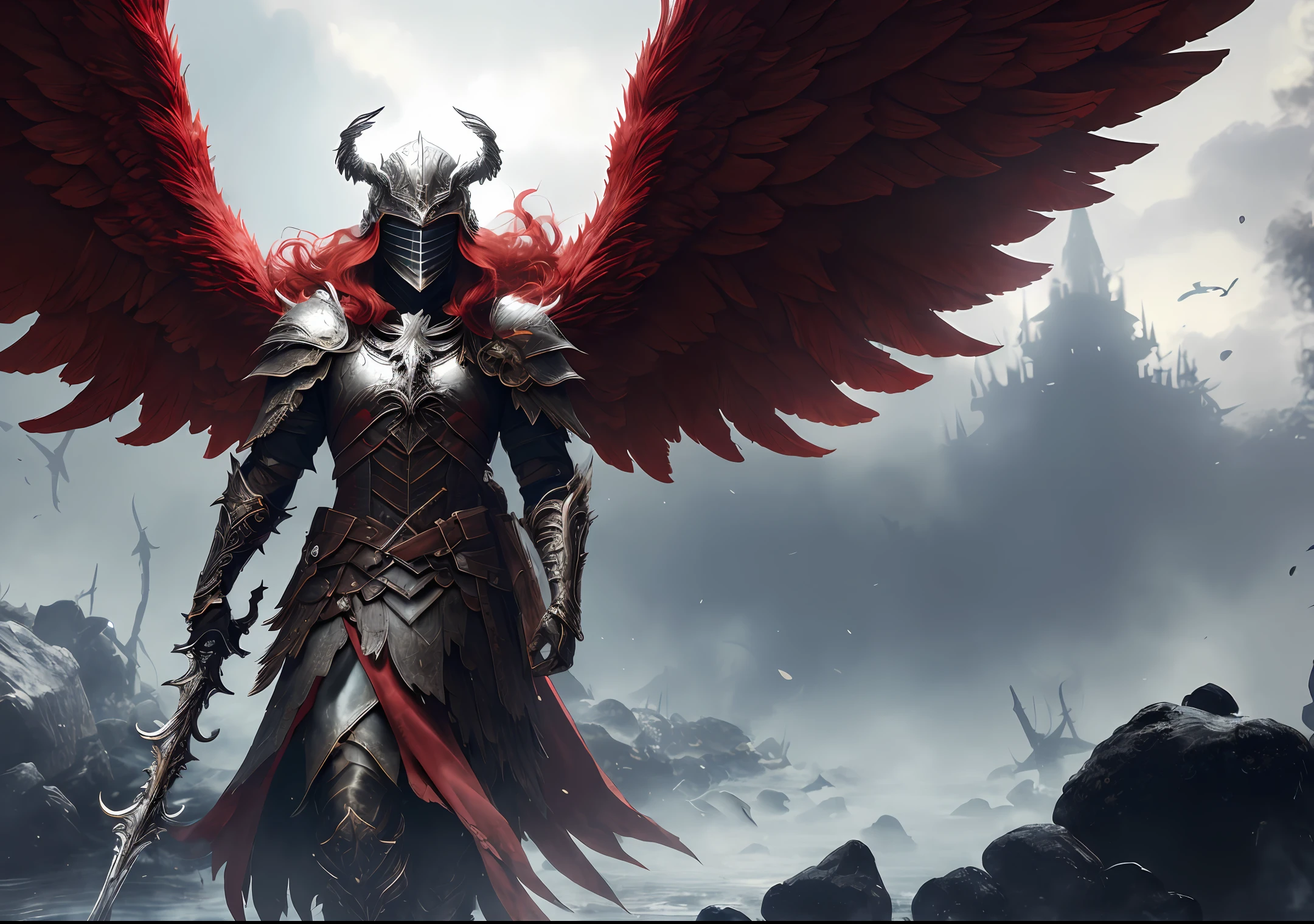 (very detailed 8k wallpaper), (soulsborne), game art, norse mythology, a (helmet covering face, big wings) Valkyrie, pretty face, long red hair (detailed skin texture: 1.2), messy hair, huge red cape, full body, background is Valhalla, masterpiece, best quality, (best illustration), (best shadows), cinematic particles, depth of field