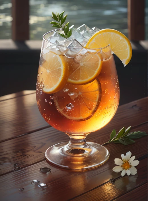 glass of kvass with ice, dripping water drops on glass, translucent liquid, ice cubes, wreath of wild flowers on picnic tablecloths, bright sun, midday outdoor lighting, open air, natural background, summer day, hot weather, high detail, very humid humidity, high brightness, wet watermarks, overdetail, super detail superdetailing, surrealism, soft light, studio lighting, diffuse soft light, shallow depth of field, sharp focus, bokeh effect, highly detailed glass reflection, ultra-thin (superfine, ultra-thin) (thin, fine, ultra-detailed), cinematic, surrealism, armature, best quality, ultra-high resolution (photorealistic: 1.4), high resolution, detail, raw photography, clear reproduction, stock camera, realistic texture, dramatic lighting, unreal engine, popular on artstation, macro