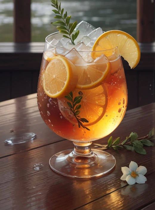 glass of kvass with ice, dripping water drops on glass, translucent liquid, ice cubes, wreath of wild flowers on picnic tablecloths, bright sun, midday outdoor lighting, open air, natural background, summer day, hot weather, high detail, very humid humidity, high brightness, wet watermarks, overdetail, super detail superdetailing, surrealism, soft light, studio lighting, diffuse soft light, shallow depth of field, sharp focus, bokeh effect, highly detailed glass reflection, ultra-thin (superfine, ultra-thin) (thin, fine, ultra-detailed), cinematic, surrealism, armature, best quality, ultra-high resolution (photorealistic: 1.4), high resolution, detail, raw photography, clear reproduction, stock camera, realistic texture, dramatic lighting, unreal engine, popular on artstation, macro