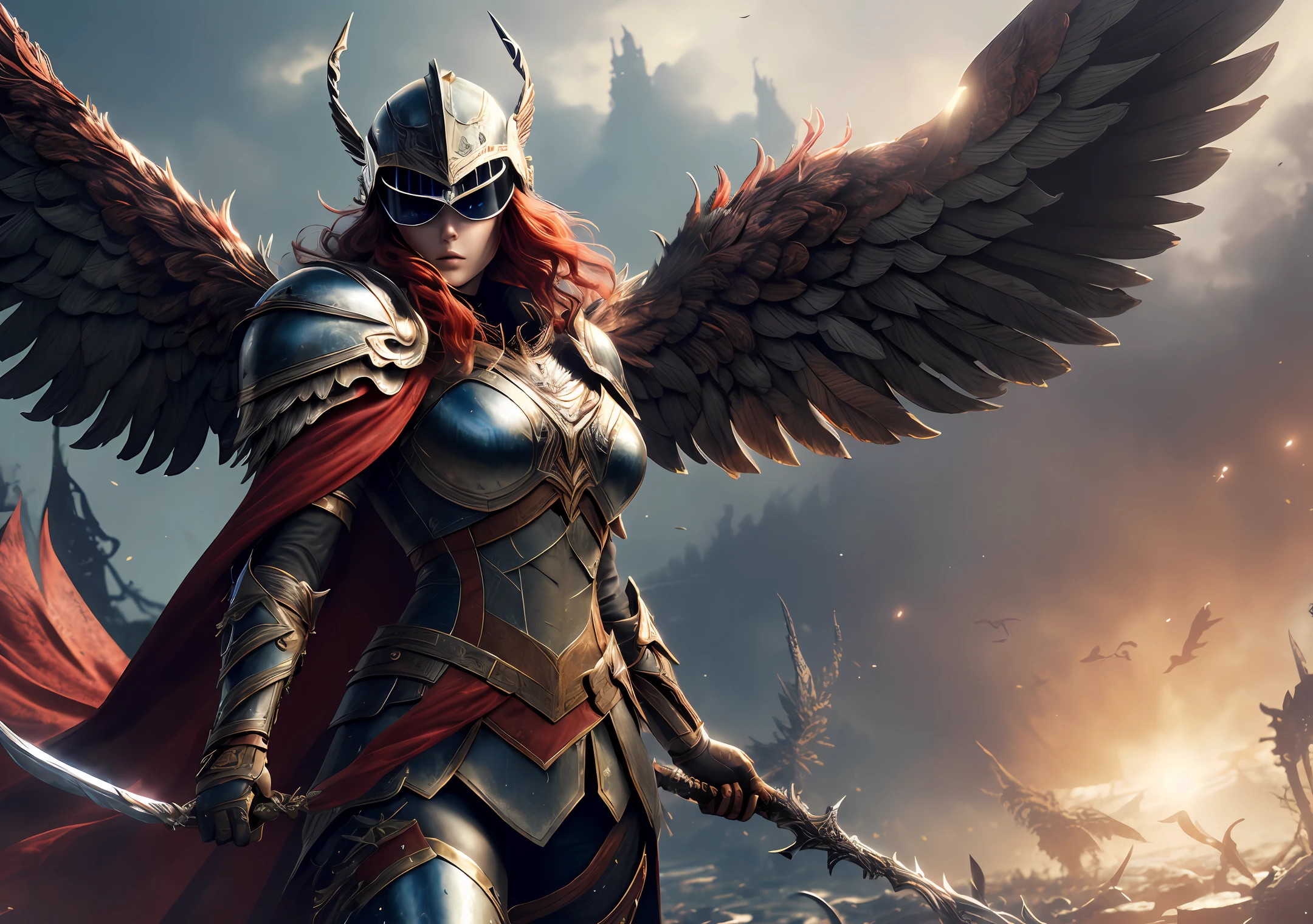 (very detailed 8k wallpaper), (soulsborne), game art, norse mythology, a (helmet covering face, big wings) Valkyrie, pretty face, long red hair (detailed skin texture: 1.2), messy hair, huge red cape, full body, background is Valhalla, masterpiece, best quality, (best illustration), (best shadows), cinematic particles, depth of field
