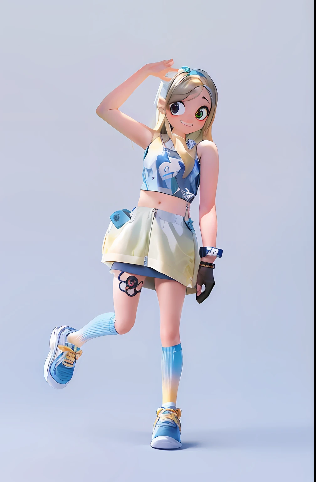 Young girl, chibi, 1girl, lHead to body ratio 1:6.5, cbzbb, character, cute, small, pretty, Devian Art, Trending Artstation, digital art, detail, cute, realistic, character, Tiny, Cinematic Lights, smile , crop top, bare arms, (shoulder: 1.9), long hair, Kpop idol, short sleeve T-shirt, (miniskirt: 1.7), colorful, full body, wearing sneakers, beautiful eyes, sparkling, pretty Face, (color laser transparent PVC material), interference film, full body, beautiful eyes, beautiful eyes, accessories, character concept design, green background, masterpiece, high quality, high resolution {beautiful detail eyes: 1.4}, ( super fine detail), (very detailed, beautiful: 1.2), (delicately beautiful, cute face: 1.3), glowing eyes