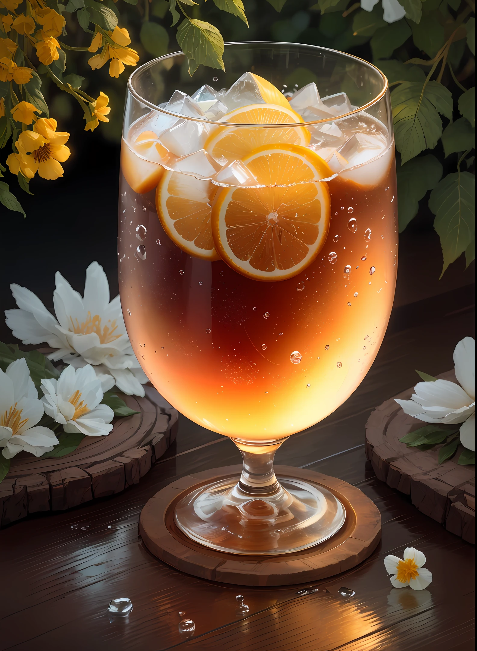 glass of kvass with ice, dripping water drops on glass, translucent liquid, ice cubes, wreath of wild flowers on picnic tablecloths, bright sun, midday outdoor lighting, open air, natural background, summer day, hot weather, high detail, very humid humidity, high brightness, wet watermarks, overdetail, super detail superdetailing, surrealism, soft light, studio lighting, diffuse soft light, shallow depth of field, sharp focus, bokeh effect, highly detailed glass reflection, ultra-thin (superfine, ultra-thin) (thin, fine, ultra-detailed), cinematic, surrealism, armature, best quality, ultra-high resolution (photorealistic: 1.4), high resolution, detail, raw photography, clear reproduction, stock camera, realistic texture, dramatic lighting, unreal engine, popular on artstation, macro