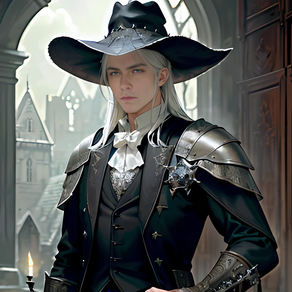 1handsome youth, (Fantasy), High Quality, Masterpiece, Bloodborne, Earls, (intricate detail), tone mapping, right eye decoration, sharp focus, super detail, Artstation, (medieval black old hunter suit), background: (full body view ), (handsome), (exquisite facial features), image size 16:9, (white hair), fantasy magic, medieval, ((Hunter triangle hat)