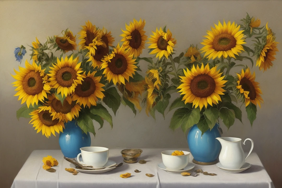 bright still life bathed in sunlight, classic vintage oil paint picture, hdr, detailed, oversaturated, sunflowers, flowers,