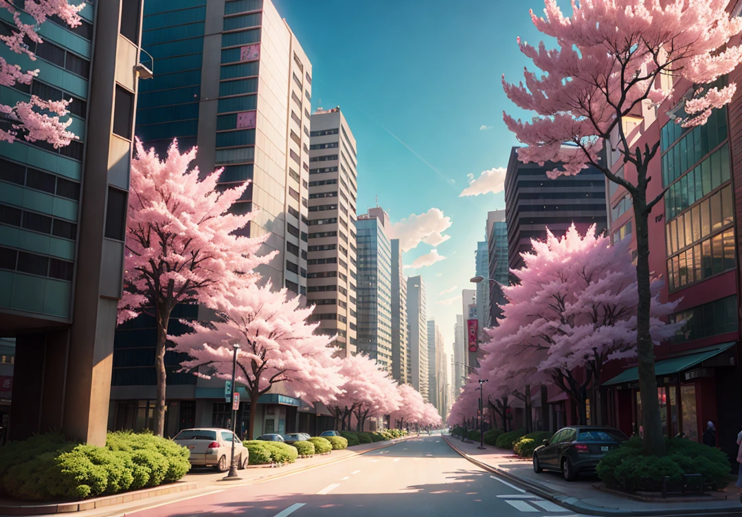 There are many pink trees in the middle of the city streets, the concept art is inspired by Cheng Yanjun, (high-rise buildings, cherry blossom trees,) CG social trends, digital art, beautiful cityscapes, Ross Trans. Landscape background, Spring City, anime style cityscape, beautiful city, exquisite digital artwork, HD anime scenery, exquisite artwork illustration, beautiful cityscape background, Tokyo anime scene. , realistic 3D animation style, landscape concept art, 3D lighting and beautiful cinematic lighting. Rich in detail.
