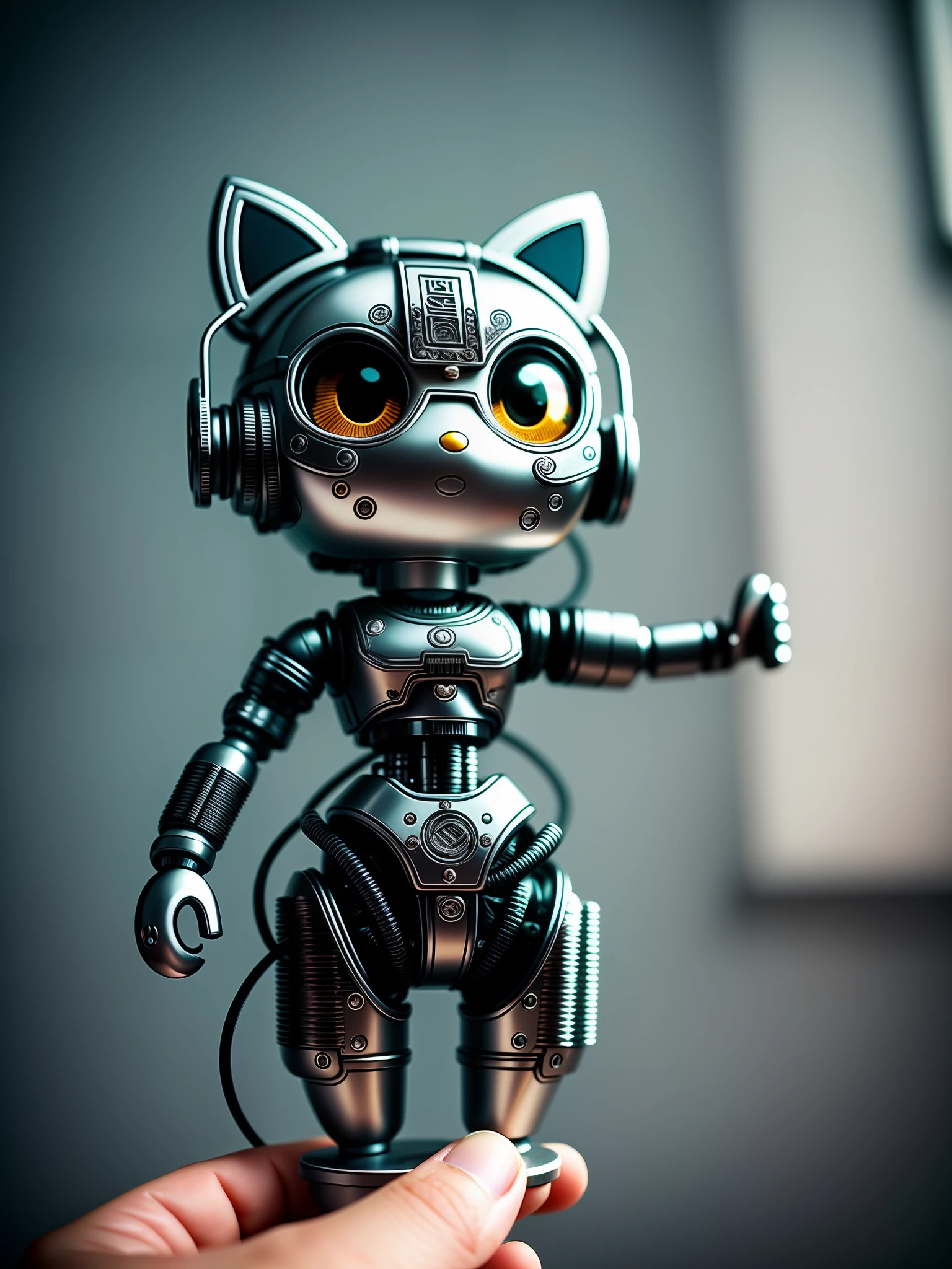 a cute hellokitty made out of metal, (cyborg:1.1), ([tail | detailed wire]:1.3), (intricate details), hdr, (intricate details, hyperdetailed:1.2), cinematic shot, vignette, centered, holding a lollipop