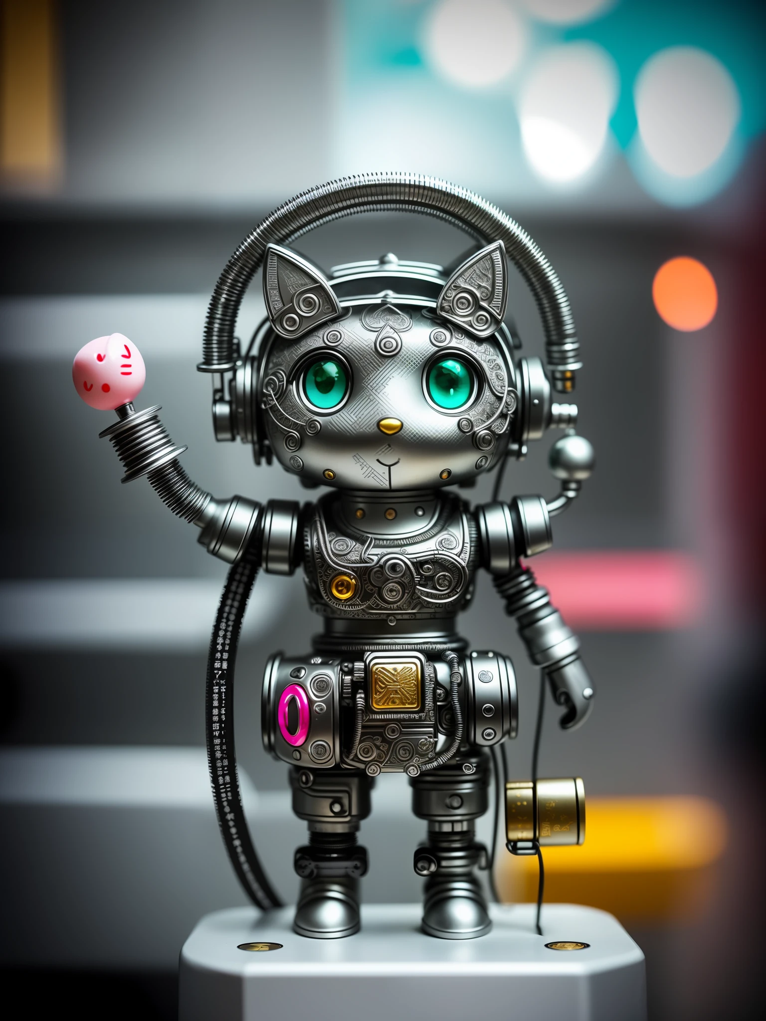 a cute hellokitty made out of metal, (cyborg:1.1), ([tail | detailed wire]:1.3), (intricate details), hdr, (intricate details, hyperdetailed:1.2), cinematic shot, vignette, centered, ((holding a 彩虹波板糖))