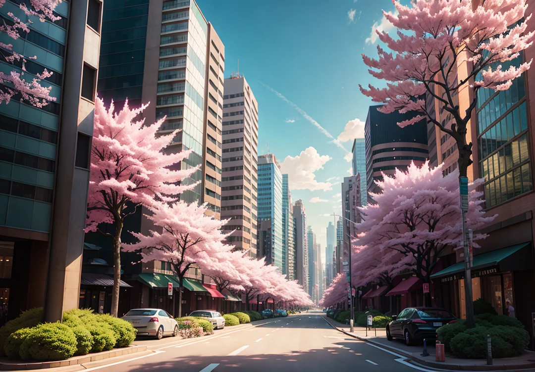 There are many pink trees in the middle of the city streets, the concept art is inspired by Cheng Yanjun, (tall buildings, cherry trees, luxury sports cars, clouds) CG social trends, digital art, beautiful cityscapes, Ross Trans. Landscape background, Spring City, anime style cityscape, beautiful city, exquisite digital artwork, HD anime scenery, exquisite artwork illustration, beautiful cityscape background, tokyo anime scene. , realistic 3D animation style, landscape concept art, 3D lighting and beautiful cinematic lighting. Rich in detail.