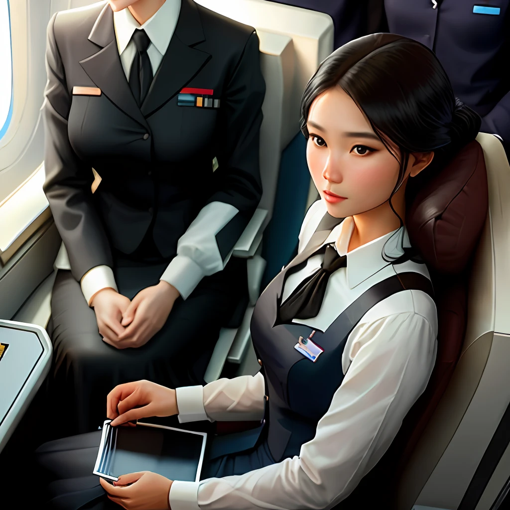 Production of realistic black silk stewardess serving guests on the plane