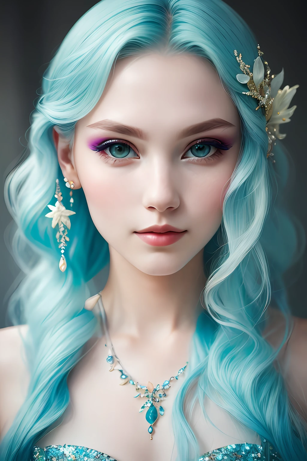a portrait of mermaid, ethereal, mystical, elusive, alluring, detailed face, high details, photography, cool light, Nikon D850, 50mm, f/1.4