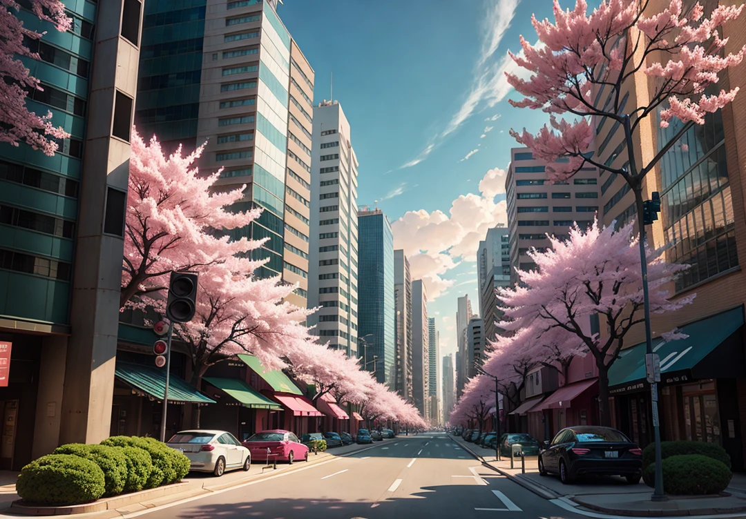 There are many pink trees in the middle of the city street, the concept art is inspired by Cheng Yanjun, (technical buildings, cherry blossom trees, luxury sports car, amazing clouds) breakthrough fantasy, future city, CG social trend, digital art, beautiful cityscape, Ross Trans. Scenery backgrounds, Spring City, anime style cityscapes, beautiful cities, beautiful digital artwork, HD anime scenery, Ultra realistic. Beautiful artwork illustration, beautiful cityscape background, Tokyo anime scene. , realistic 3D animation style, landscape concept art, 3D lighting and beautiful cinematic lighting. Rich in detail.