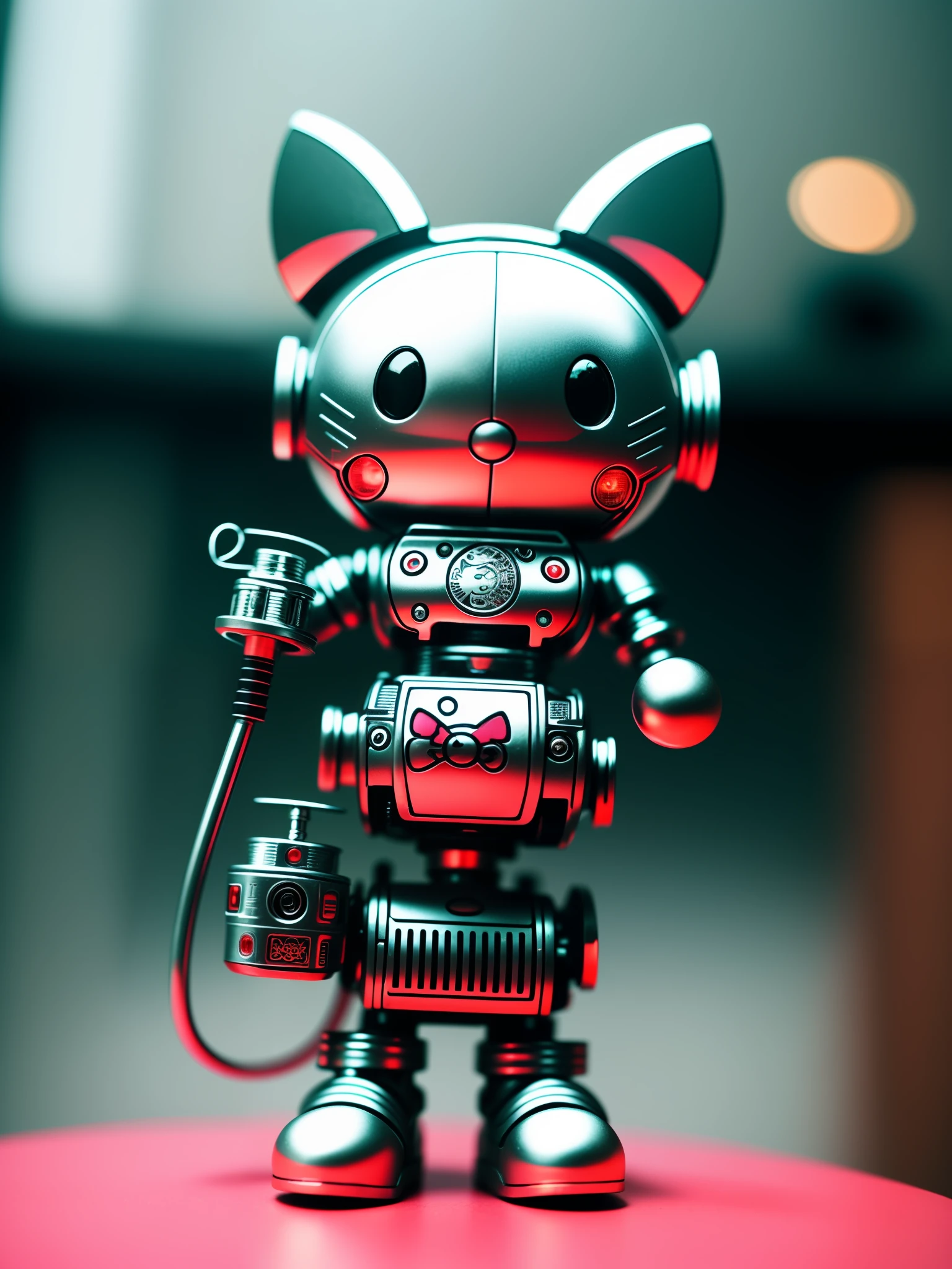 a cute hellokitty made out of metal, (cyborg:1.1), ([tail | detailed wire]:1.3), (intricate details), hdr, (intricate details, hyperdetailed:1.2), cinematic shot, vignette, centered, holding a lollipop