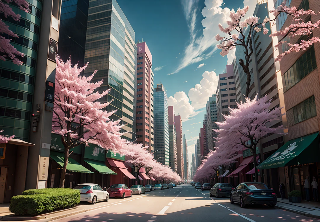 There are many pink trees in the middle of the city streets, the concept art is inspired by Cheng Yanjun, (bustling technology buildings, lush cherry blossom trees, luxury sports cars, amazing clouds) breakthrough fantasy, masterpiece, future city, CG social trend, digital art , beautiful city views, Ross Trans. Scenery backgrounds, Spring City, anime style cityscapes, beautiful cities, beautiful digital artwork, HD anime scenery, Ultra realistic. extreme detail, exquisite artwork illustration, beautiful cityscape background, tokyo anime scene. Extremely detailed CG Unity 8k wallpapers, realistic 3D animation style, landscape concept art, 3D lighting and beautiful cinematic lighting. Rich in detail.
