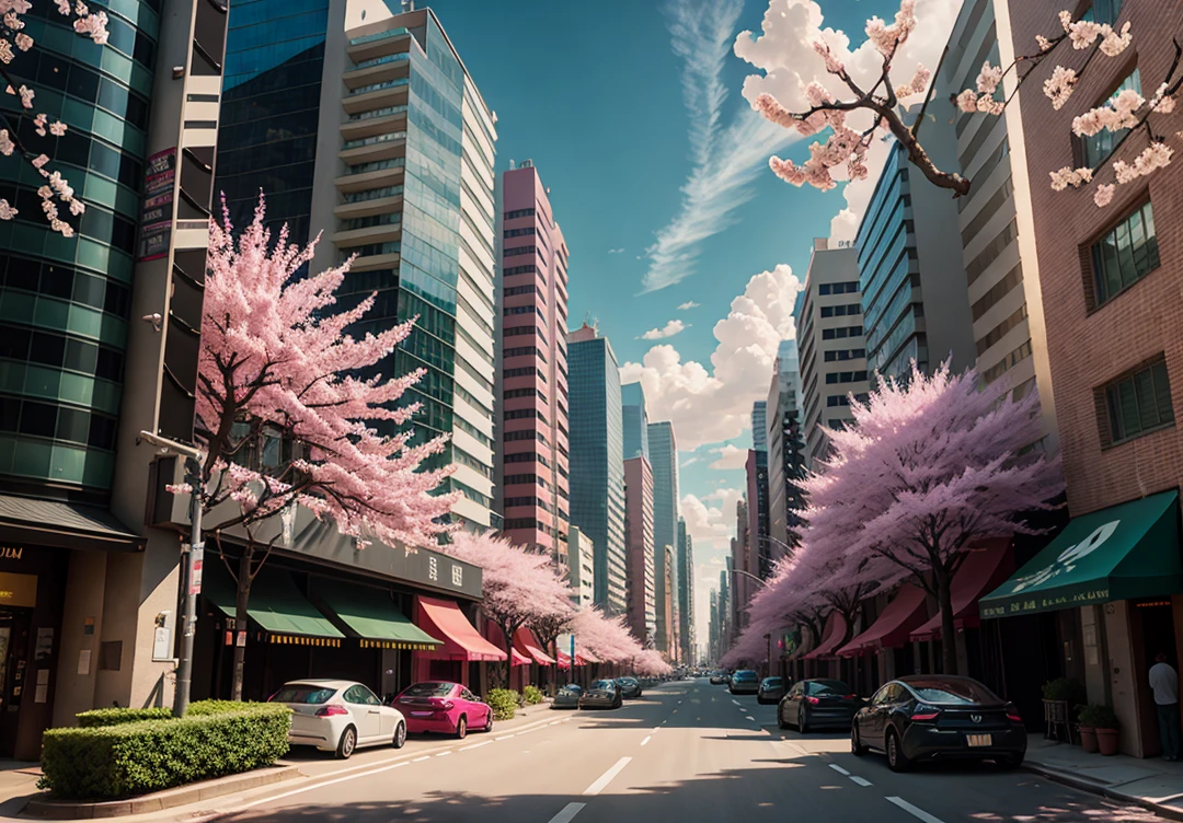 There are many pink trees in the middle of the city streets, the concept art is inspired by Cheng Yanjun, (bustling technology buildings, smart buildings, skyscrapers, lush cherry blossom trees, luxury sports cars, Tesla, supercars, amazing clouds) Breakthrough Fantasy, Masterpieces, Future Cities, CG Social Trends, Digital Art, Beautiful Cityscapes, Ross Trans. Scenery background, Spring City, anime style cityscape, beautiful city, vista optimization, beautiful digital artwork, HD anime scenery, Ultra realistic. extreme detail, exquisite artwork illustration, beautiful cityscape background, tokyo anime scene. Extremely detailed CG Unity 8k wallpapers, realistic 3D animation style, landscape concept art, super high resolution (realism: 1.4), aesthetics, focus, high quality, vibrant colors, award winning photography, 3D lighting and beautiful movie lighting. Rich details.