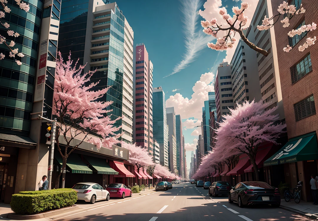 There are many pink trees in the middle of the city streets, the concept art is inspired by Cheng Yanjun, (bustling technology buildings, smart buildings, skyscrapers, lush cherry blossom trees, luxury sports cars, Tesla, supercars, amazing clouds) Breakthrough Fantasy, Masterpieces, Future Cities, CG Social Trends, Digital Art, Beautiful Cityscapes, Ross Trans. Scenery background, Spring City, anime style cityscape, beautiful city, vista optimization, beautiful digital artwork, HD anime scenery, Ultra realistic. extreme detail, exquisite artwork illustration, beautiful cityscape background, tokyo anime scene. Extremely detailed CG Unity 8k wallpapers, realistic 3D animation style, landscape concept art, super high resolution (realism: 1.4), aesthetics, focus, high quality, vibrant colors, award winning photography, 3D lighting and beautiful movie lighting. Rich details.