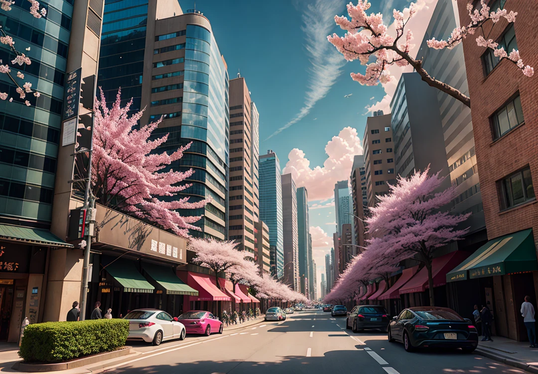 There are many pink trees in the middle of the city streets, the concept art is inspired by Cheng Yanjun, (bustling technology buildings, smart buildings, skyscrapers, lush cherry blossom trees, luxury sports cars, Tesla, supercars, amazing clouds) Breakthrough Fantasy, Masterpieces, Future Cities, CG Social Trends, Digital Art, Beautiful Cityscapes, Ross Trans. Scenery background, Spring City, anime style cityscape, beautiful city, vista optimization, beautiful digital artwork, HD anime scenery, Ultra realistic. extreme detail, exquisite artwork illustration, beautiful cityscape background, tokyo anime scene. Extremely detailed CG Unity 8k wallpapers, realistic 3D animation style, landscape concept art, super high resolution (realism: 1.4), aesthetics, focus, high quality, vibrant colors, award winning photography, 3D lighting and beautiful movie lighting. Rich details.