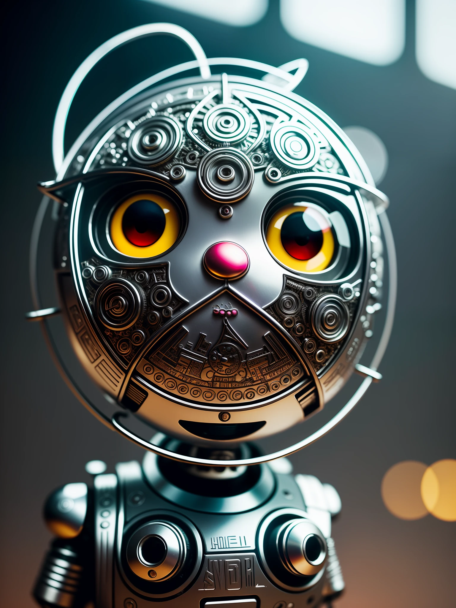 a cute hellokitty made out of metal, (cyborg:1.1), ([tail | detailed wire]:1.3), (intricate details), hdr, (intricate details, hyperdetailed:1.2), cinematic shot, vignette, centered, holding a lollipop