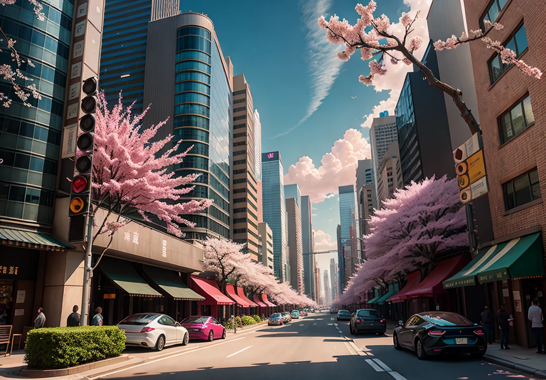 There are many pink trees in the middle of the city streets, the concept art is inspired by Cheng Yanjun, (bustling technology buildings, smart buildings, skyscrapers, lush cherry blossom trees, luxury sports cars, Tesla, supercars, amazing clouds) Breakthrough Fantasy, Masterpieces, Future Cities, CG Social Trends, Digital Art, Beautiful Cityscapes, Ross Trans. Scenery backgrounds, Spring City, anime-style cityscapes, beautiful cities, optimized vistas, exquisite digital artwork, high-definition anime scenery, passers-by dressed in fashion, and the details of characters are also very clear. Ultra realistic. extreme detail, exquisite artwork illustration, beautiful cityscape background, tokyo anime scene. Extremely detailed CG Unity 8k wallpapers, realistic 3D animation style, landscape concept art, super high resolution (realism: 1.4), aesthetics, focus, high quality, vibrant colors, award winning photography, 3D lighting and beautiful movie lighting. Rich details.