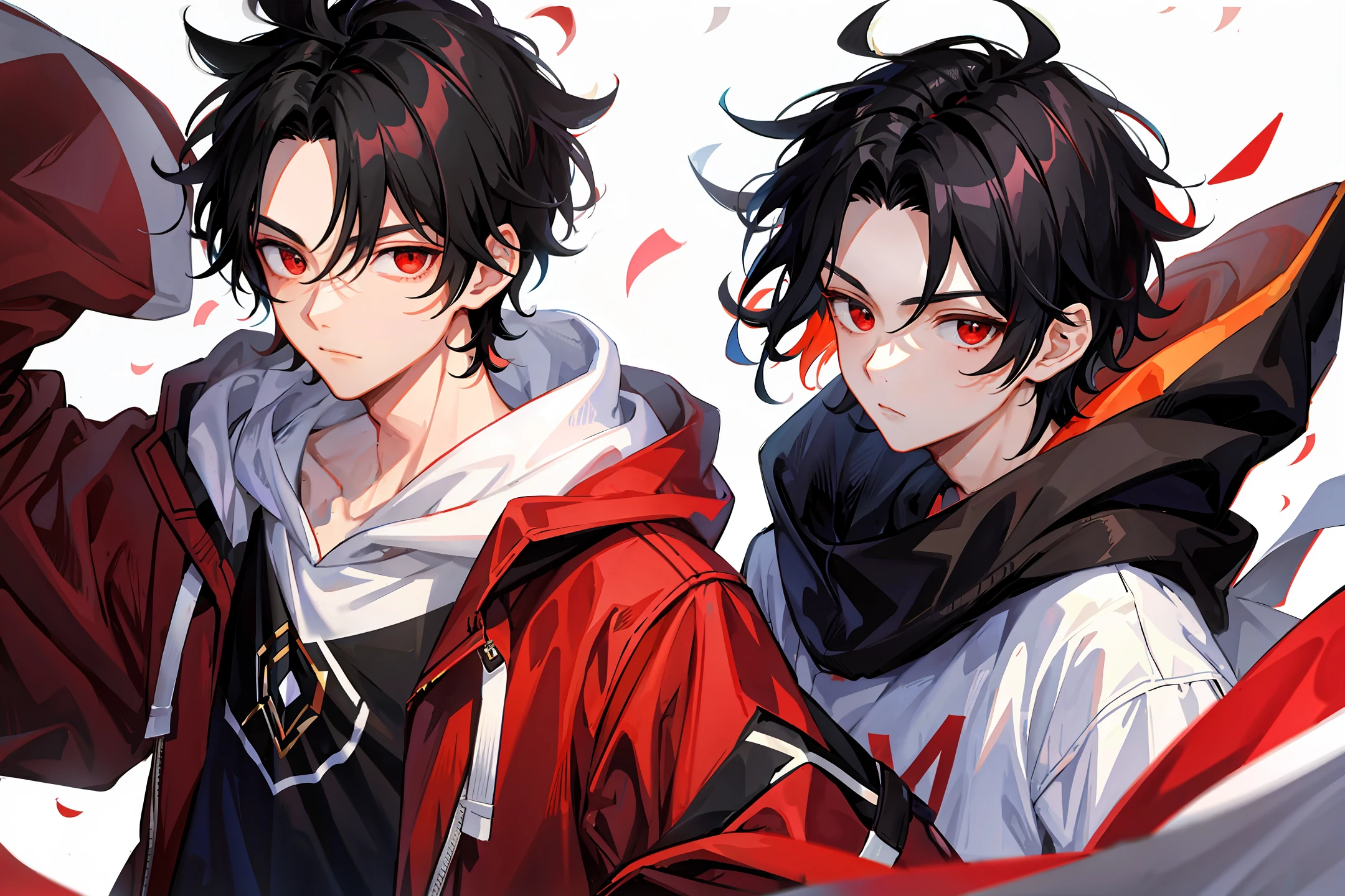 1 boy, handsome boy, black hair, comma hair, forehead comma hair, korean hair, street style, hoodie, white background, shiny, Red eyes, looking at viewer, upper body