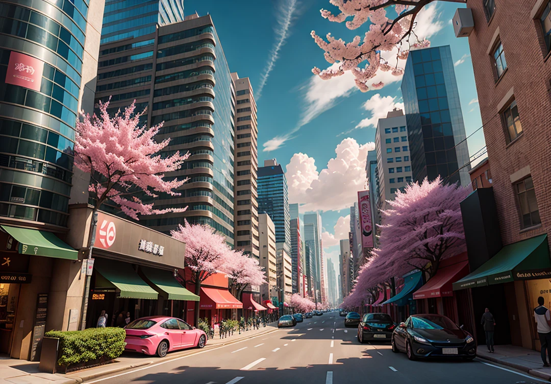 There are many pink trees in the middle of the city streets, the concept art is inspired by Cheng Yanjun, (bustling technology buildings, smart buildings, skyscrapers, lush cherry blossom trees, luxury sports cars, Tesla, supercars, amazing clouds) Breakthrough Fantasy, Masterpieces, Future Cities, CG Social Trends, Digital Art, Beautiful Cityscapes, Ross Trans. Scenery backgrounds, Spring City, anime-style cityscapes, beautiful cities, optimized vistas, exquisite digital artwork, high-definition anime scenery, passers-by dressed in fashion, and the details of characters are also very clear. Ultra realistic. extreme detail, exquisite artwork illustration, beautiful cityscape background, tokyo anime scene. Extremely detailed CG Unity 8k wallpapers, realistic 3D animation style, landscape concept art, super high resolution (realism: 1.4), aesthetics, focus, high quality, vibrant colors, award winning photography, 3D lighting and beautiful movie lighting. Rich details.
