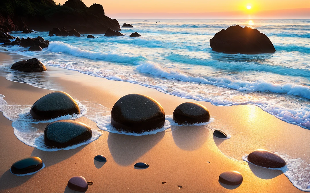 . arafed image of a beach with lots of rocks and pebbles, amazing light reflections, sunrise light, magical beach, morning sunrise, backscatter sphere, majestic light, glass sphere, sunset sunrise, brilliant morning light , marc adamus, lens sphere, summer morning light, morning light, natural morning light, sea glass, translucent sphere.