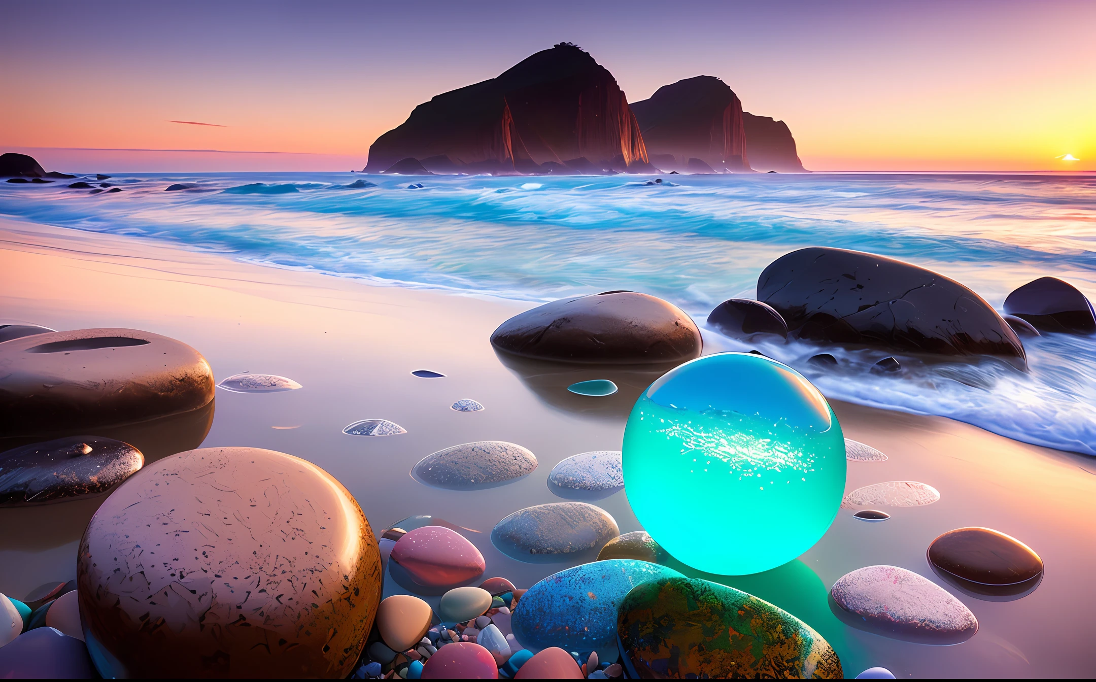 . arafed image of a beach with lots of rocks and pebbles, amazing light reflections, sunrise light, magical beach, morning sunrise, backscatter sphere, majestic light, glass sphere, sunset sunrise, brilliant morning light , marc adamus, lens sphere, summer morning light, morning light, natural morning light, sea glass, translucent sphere. very realistic